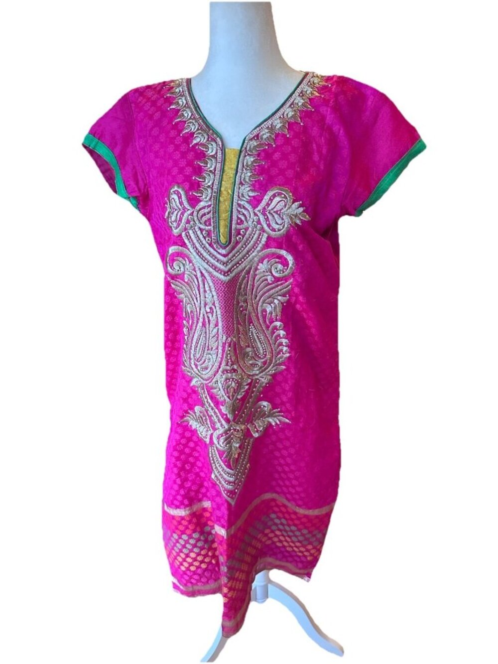 Indian Beautiful Embroidery Cotton Kurta Kurti Dress Top Tunic Med Pink Gold